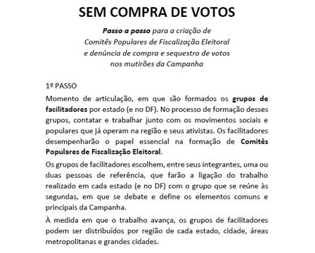 SEM COMPRA DE VOTOS - Passo a passo para a criação de Comitês Populares de Fiscalização Eleitoral e denúncia de compra e sequestro de votos nos mutirões da Campanha